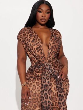 Fashion Nova Brown Leopard-Print Wrap Maxi Dress